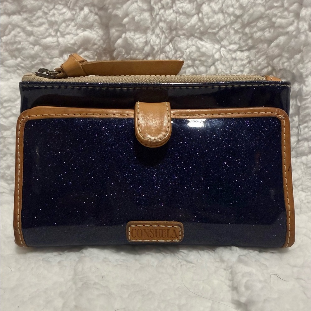 Consuela Jerry Slim Navy Blue Glitter and Tan Wallet